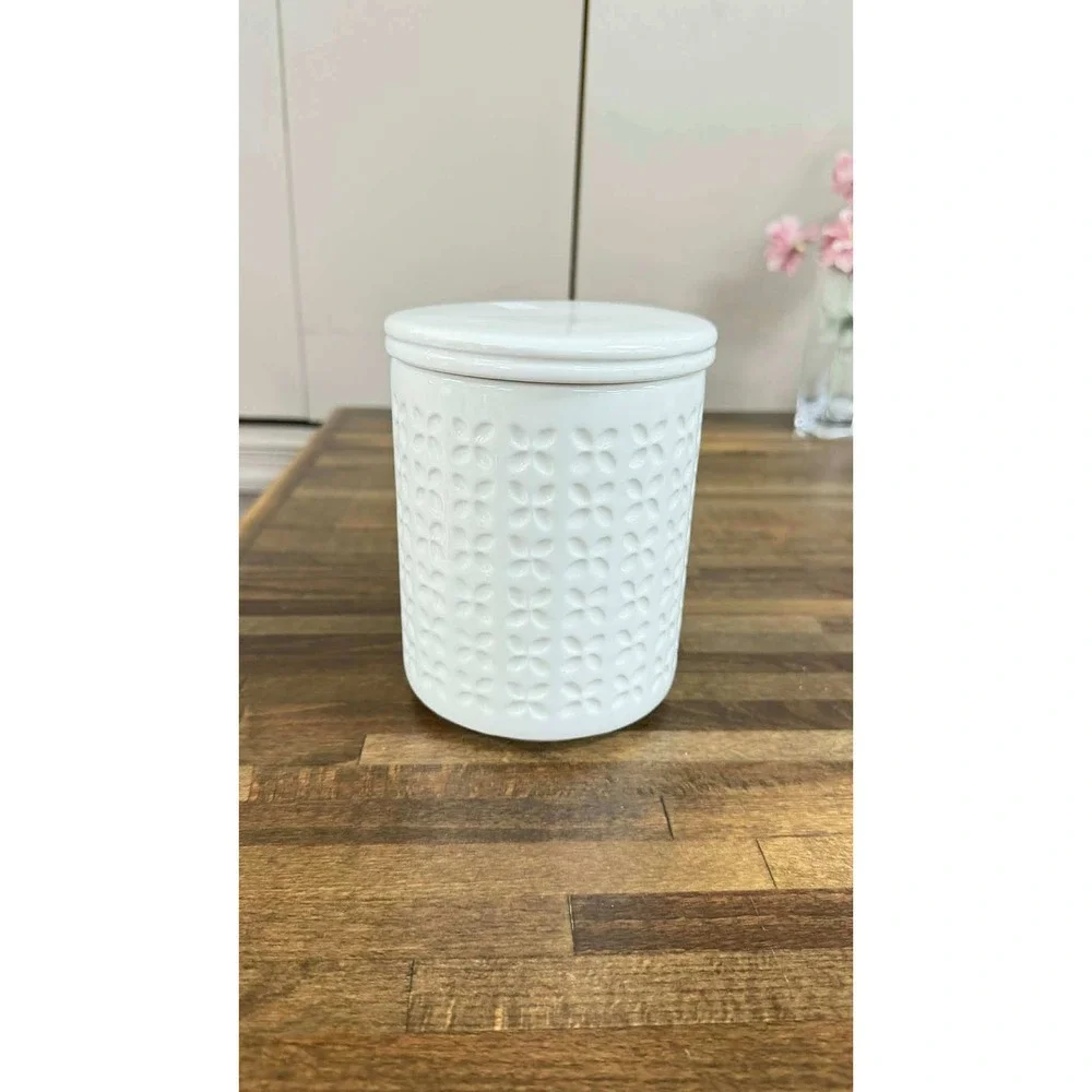 White Ceramic Tea Canister Jar with Brass Plaque Textured Floral Lattice Design